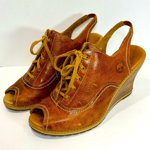 Timberland Earthkeepers Womens 9 Glancy Peep Toe Brown Leather Heels Booties - Picture 1 of 8